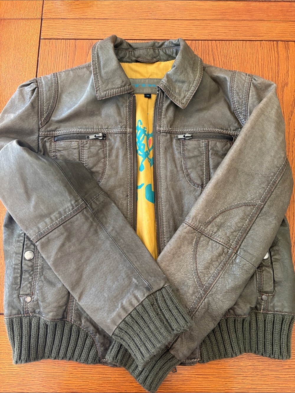 Teen/Women Olive Green Leather Zip-Up Bomber Jacket